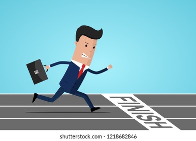 Businessman at finish line. Businessman running with briefcase, business, energetic, dynamic concept. Businessman running down the track. Vector illustration