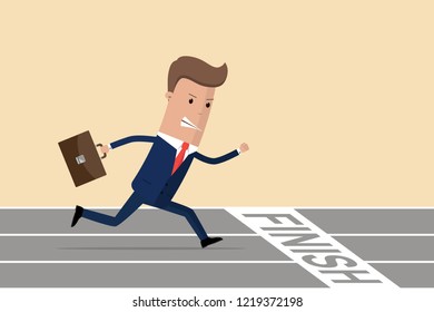 Businessman at finish line. Businessman running with briefcase, business, energetic, dynamic concept. Businessman running down the track. Vector illustration