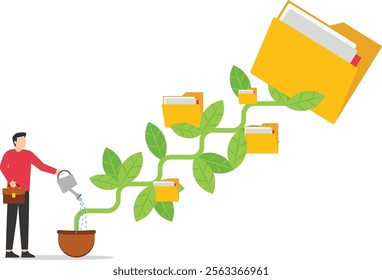 Businessman finish watering growing money plant seedling with coin folder. Backup up data transfer. Organize files folder. Modern vector illustration in flat style

