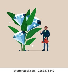 Los hombres de negocios terminan de regar el cultivo de plántulas de plantas con flores de diamante. Crecimiento financiero y de la inversión. Joyas. Ilustración vectorial plana