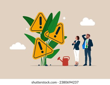 Businessman finish watering growing plant seedling with exclamation attention sign flower. Incident management, root cause analysis or solving problem, identify risk. Flat vector illustration. 