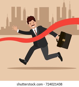 Businessman at the finish. The winner in the race. Flat design, vector illustration.