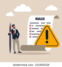 Businessman finish writing rules and regulations document. Rules and regulations, policy and guideline for employee to follow, legal term, corporate compliance or laws, standard procedure concept.