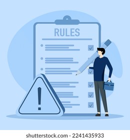 Businessman finished writing regulations and regulatory documents. Rules and regulations, policies and guidelines for employees to follow, legal requirements, company compliance or legislation