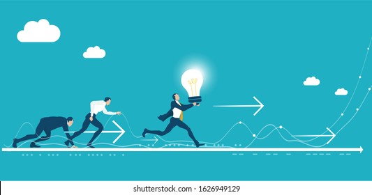 Businessman finishing first with the light bulb. Business people starting and finishing running. Running towards success and winning. Stages of development and delivery. Business concept illustration