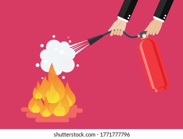 Businessman with fire extinguisher is fighting with the burning flame. Economic concept. Vector illustration