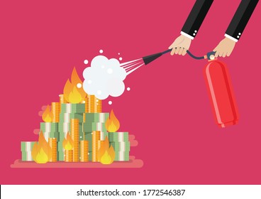 Businessman with fire extinguisher is fighting with the burning money. Economic concept. Vector illustration