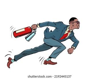 A businessman with a fire extinguisher is preparing to put out a fire. Extreme dangerous incident. Fighting fire. Pop art retro vector illustration 50s 60s style kitsch vintage