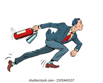 A businessman with a fire extinguisher is preparing to put out a fire. Extreme dangerous incident. Fighting fire. Pop art retro vector illustration 50s 60s style kitsch vintage