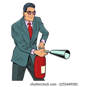A businessman with a fire extinguisher is preparing to put out a fire. Extreme dangerous incident. Fighting fire. Pop art retro vector illustration 50s 60s style kitsch vintage