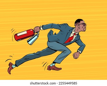 A businessman with a fire extinguisher is preparing to put out a fire. Extreme dangerous incident. Fighting fire. Pop art retro vector illustration 50s 60s style kitsch vintage