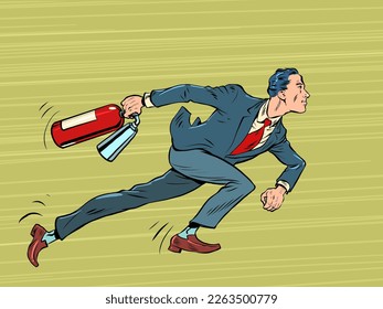 A businessman with a fire extinguisher is preparing to put out a fire. Extreme dangerous incident. Fighting fire. Pop art retro vector illustration 50s 60s style kitsch vintage
