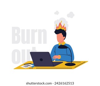 A businessman with fire on his had. Professional burnout syndrome, Exhausted employees at work. Business concept of overload and fatigue vector illustration