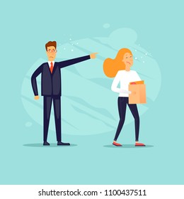 Businessman fired woman. Flat design vector illustration.