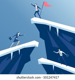 Businessman First Reached The Summit Of The Mountain With A Flag, Business People Competing In Mountain Climbing. Employees Run On The Rocks To The Flag, Business Concept Win And Competition