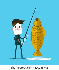Businessman fishing a big golden fish. business opportunity concept. flat design elements. vector illustration