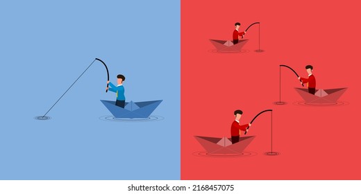 Businessman fishing in blue ocean and red ocean. The concept of small and large market competition is different.