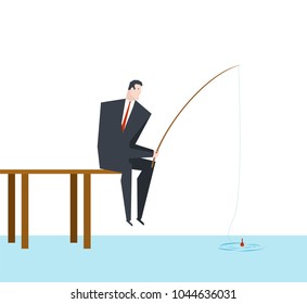 Businessman Is Fishing. Boss Is Sitting With Fishing Rod  On Dock. Office Life Vector Illustration.