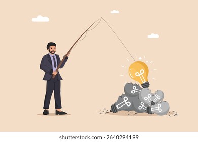 Businessman Fishing for a Bright Idea Among Burnt-Out Lightbulbs, Symbolizing Innovation, Problem-Solving, and the Pursuit of Creativity and Success.