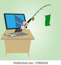 Businessman Fishing Concept: Conceptual illustration with fishing a money from computer