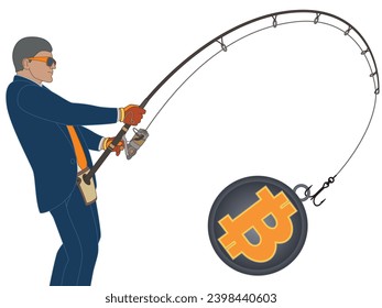 businessman fishing for currency, catching bitcoin isolated on a white background