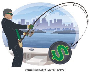 businessman fishing for currency, catching dollars with city and water in the background