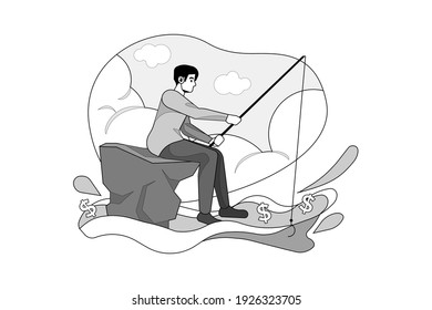 Businessman fishing currency. Flat illustration isolated on white background.