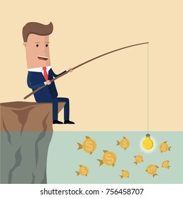 Businessman fishing dollar money. Innovation, strategy and investment concept. Idea attracting money and money attracting ideas . Vector illustration