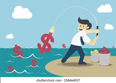 Businessman fishing dollar money, Make Money from idea, vector illustration
