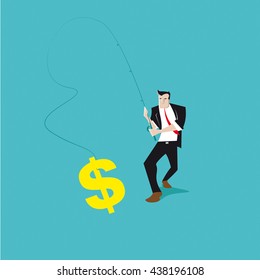 Businessman fishing the Dollar symbol. In the lake of fortune, economic opportunities, economic profit and financial growth he gets the wealth.