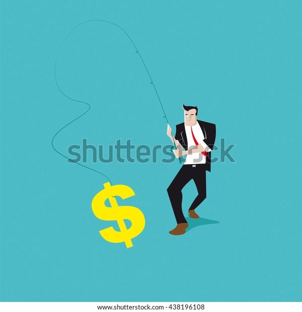 Businessman fishing the Dollar symbol. In the\
lake of fortune, economic opportunities, economic profit and\
financial growth he gets the\
wealth.
