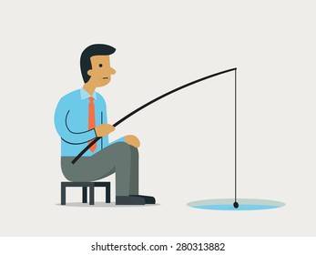 Businessman fishing from a hole on ice, abstract illustration on being patient in business investment concept. 