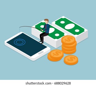businessman fishing money from smartphone isometric cartoon vector illustration