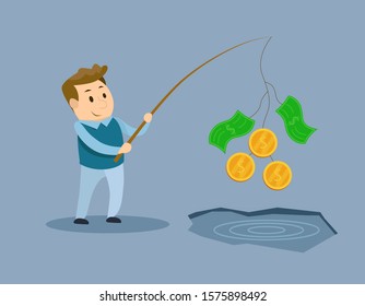 a businessman is fishing for money, strategy in business,he was successful, business concept,vector illustration