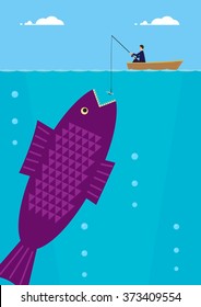 A businessman is fishing on a small boat, beneath him is an enormous fish. A metaphor on success in business.