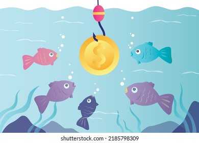 Businessman with fishing rod catches fools on bait. Many fish gathered around gold coin on hook. Man trying to attract people by making easy money. Financial scam concept. Flat Vector illustration