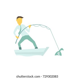 Businessman with a fishing rod caught bag of money. By boat in the lake. Illustration of a vector.