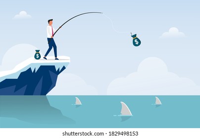 Businessman fishing sack of money vector illustration.