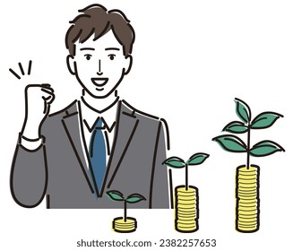 Businessman fist-pumping while building assets