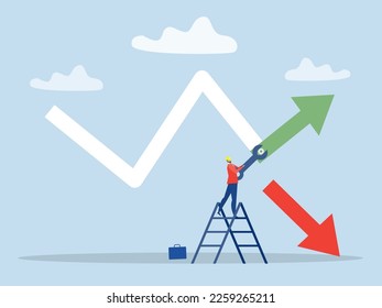 businessman fixing decreasing financial graph with tool wrench stop loss Minimize losses for profit concept vector  svg
