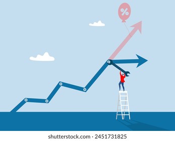 Gráfico de fijación de hombre de negocios para controlar la inflación con una llave hexagonal. Desaceleración económica e inflación. Desaceleración o empeoramiento a medida que aumenta la inflación. caída del mercado de valores.Recesión de la economía mundial.Vector 