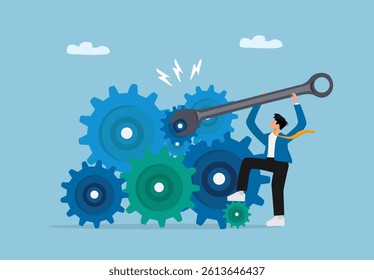 Businessman Fixing Interconnected Gears with Wrench. Concept of Teamwork, Productivity, and Problem Solving in Flat Vector Illustration