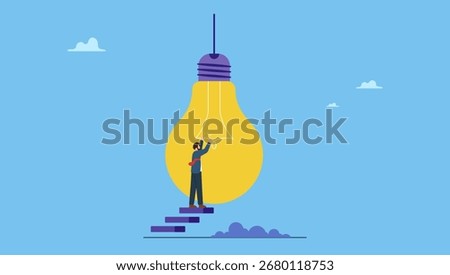 Businessman fixing lightbulb idea. Creativity or innovation to solve business problem, imagination or knowledge to succeed, invention or motivation to help success.