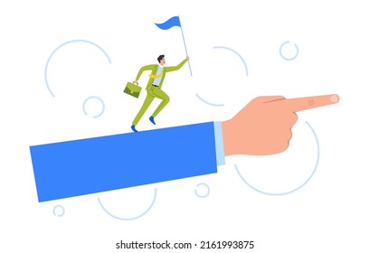 Businessman with Flag and Briefcase in Hands Run by Huge Hand with Index Finger Showing Direction. Successful Business Character Leadership, Challenge Concept. Cartoon People Vector Illustration