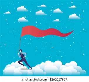 businessman with flag competing in the sky