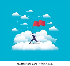 businessman with flag competing in the sky