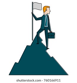 businessman with flag in the mountain