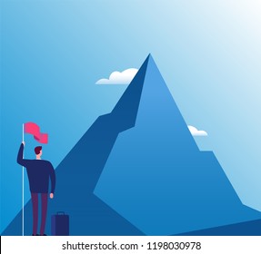 Businessman with flag at mountain. New purpose, success vision and goals achievement, business vector concept. Illustration of businessman purpose target and goal peak