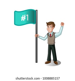 Businessman With flag number 1 and raising left hand