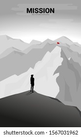 Businessman and Flag on far away mountain. Concept of Goal, Mission, Vision, Career path